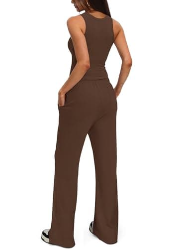 Darong Women's Two Piece Outfits Lounge Sets Ruched Short Sleeve Pullover Tops and High Waisted Pants Tracksuit Sets 9054A Coffee S - Image 2