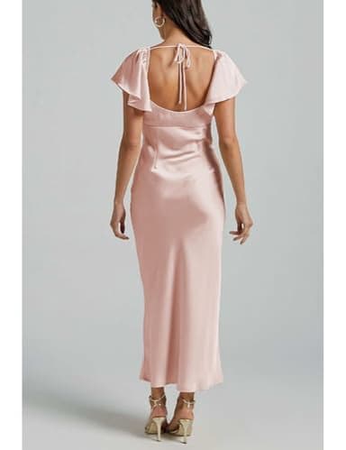 Summer Satin Flutter Sleeve Wedding Guest Dresses for Women Sweetheart Neckline Cutout Tie Back Midi Cocktail Dress Pink - Image 3