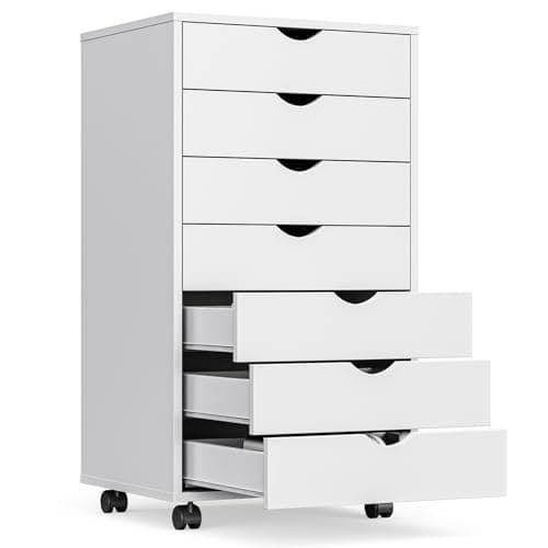 OLIXIS 7 Drawer Mobile File Cabinet Under Desk Storage Organization with Wheels Vertical Filing Chest Rolling Wood Small Desk Printer Stand for Home Office, 15.75"D x 18.74"W x 34.25"H, White - Image 1