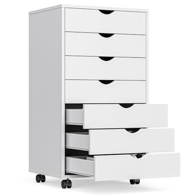 OLIXIS 7 Drawer Mobile File Cabinet Under Desk Storage Organization with Wheels Vertical Filing Chest Rolling Wood Small Desk Printer Stand for Home Office, 15.75"D x 18.74"W x 34.25"H, White - Image 1