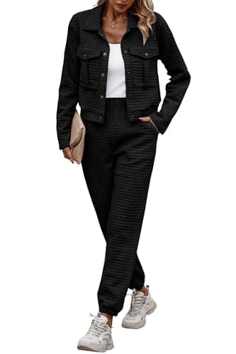 PRETTYGARDEN Womens Two Piece Sets Fall 2025 Long Sleeve Button Down Shacket Jacket Long Sweatpants Tracksuit Winter Clothes (Black,Large) - Image 1