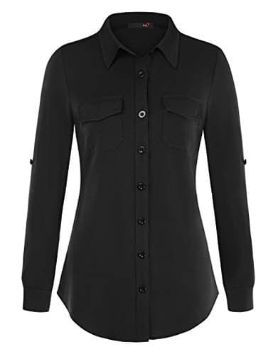DJT Womens Soft Stretchy Knit Plaid Shirts Roll Up Long Sleeve Collared Button Down Blouses Tops X-Large Solid Black - Image 2