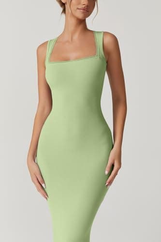 QINSEN Women's Square Neck with Lace Detail Long Maxi Dress Sleeveless Lounge Ribbed Full Length Dresses Green S - Image 2