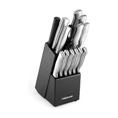 FARBERWARE 15-Piece Kitchen Knife Set with High-Carbon Stainless Steel Blades, Black Handles, Steak Knives, Wood Block, Razor Sharp and Ergonomic - Image 1