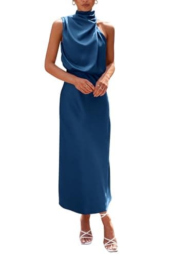 PRETTYGARDEN Women's 2025 Summer Satin Dress Elegant Sleeveless Mock Neck Cocktail Party Maxi Dresses (Dark Blue,Small) - Image 1