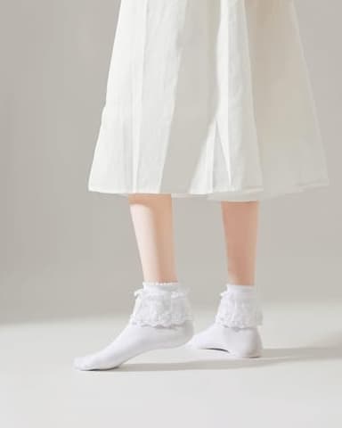 YASIDI Women Lace Ruffle Frilly Ankle Socks with Pearl Lace (Cotton, White-3 Pairs) - Image 3