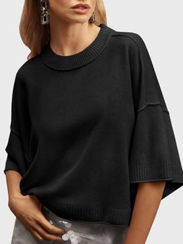 Saodimallsu Womens Short Sleeve Sweater Summer Oversized Cropped Sweaters Casual Crewneck Lightweight Knit Tops Black - Image 2