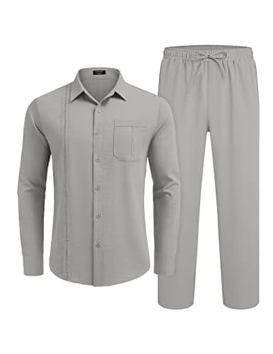 COOFANDY Men's 2 Piece Linen Sets Casual Long Sleeve Button Down Cuban Shirt and Loose Pants Set Beach Vacation Outfits - Image 4