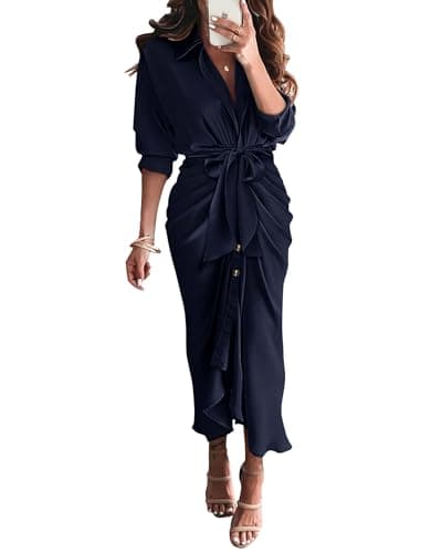 BTFBM Maxi Dresses for Women Fall 2025 Long Sleeve Lapel Neck Button Down Elegant Satin Belted Ruched Summer Shirt Dress(Navy, Medium) - Image 1