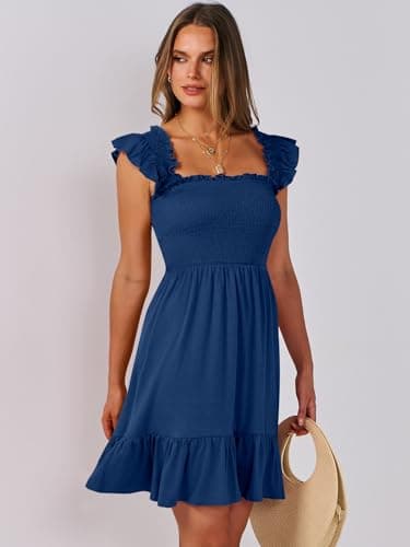 ANRABESS Women's Summer Casual Sleeveless Square Neck Dress 2025 Smocked Ruffle Backless Boho Beach Cute Teen Short Sundress Sea Blue Small - Image 8