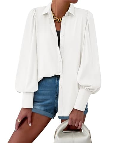 BTFBM Women Fashion Button Down Shirts V Neck Printed Solid Boho Long Sleeve Blouses Dressy Casual Summer Fall Tops(Solid White, Large) - Image 2