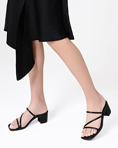 Shoe'N Tale Strappy Heels For Women Low Chunky Block Heel Heeled Sandals Square Open Toe Slip On Slides Mules(8.5,Black) - Image 4