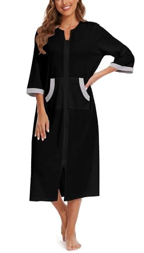 Korelayer Zipper Robes for Women 3/4 Sleeve Housecoats Long Lightweight Bathrobe House Dress with Pockets, Black, XX-Large - Image 1