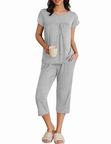 Ekouaer Women's Capris Pajama Set Short Sleeve Capri Pants Loungewear 2 Piece Pajamas Pj Sets with Pockets Light Grey - Image 1