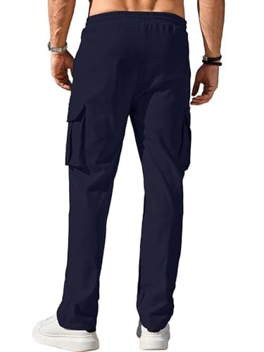 Comdecevis Men's Casual Cargo Pants Workout Joggers Stretch Sweatpants Hiking Drawstring Tactical Pants with Multi Pockets Blue - Image 3
