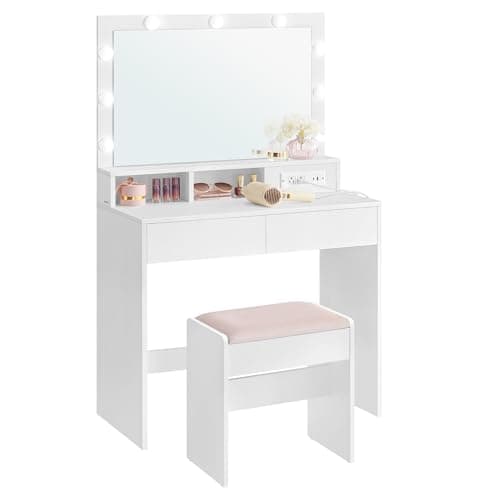 VASAGLE Vanity Desk with Power Outlets, Makeup Vanity with Mirror and Lights, with Upholstered Vanity Stool, 9 Dimmable LED Lights, 2 Compartments, 2 Drawers, for Bedroom, Cloud White URDT029W01 - Image 1