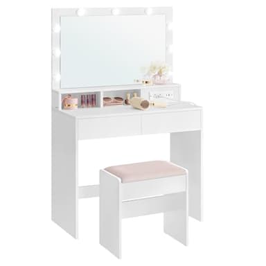 VASAGLE Vanity Desk with Power Outlets, Makeup Vanity with Mirror and Lights, with Upholstered Vanity Stool, 9 Dimmable LED Lights, 2 Compartments, 2 Drawers, for Bedroom, Cloud White URDT029W01 - Image 1