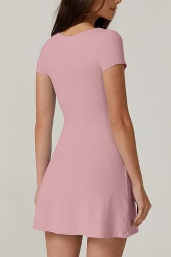 QINSEN Short Sleeve Athletic Dress for Women High Waist Side Slit Tennis Dress Built in Shorts Golf Active Dresses Pink M - Image 2
