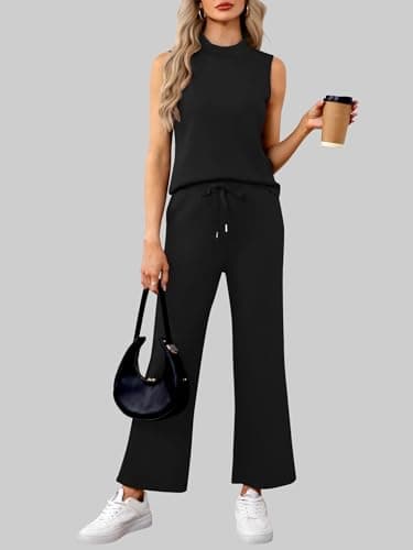 Casly Lamiit Two Piece Travel Outfits for Women Summer Sets Lounge Sets 2025 Fashion 2 Piece Matching Spring Trending Tracksuit Sleeveless Round Neck Top Wide Leg Pants Black M - Image 2