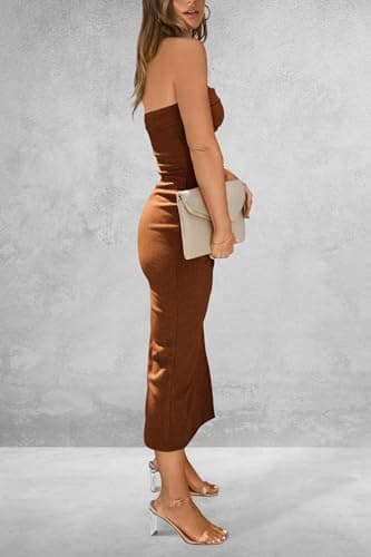 PRETTYGARDEN Women's Summer Bodycon Maxi Tube Dress Ribbed Strapless Side Slit Long Going Out Casual Elegant Party Dresses (Brown,Medium) - Image 2