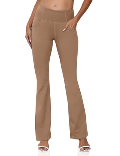 CHANLEED Women's Bootcut Yoga Pants, Flare Leggings with Pockets High Waist Causal Dress Pants Petite/Regular/Tall（Petite Solid Khaki-L） - Image 2