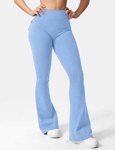 YEOREO CoreFlex Flare Leggings with Pockets for Women Scrunch Workout Leggings Butt Lifting Gym Yoga Pants Light Blue - Image 3