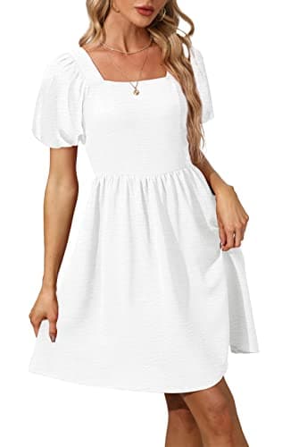 OFEEFAN White Dresses for Women Short Sleeve Mini Dress Summer Chiffon Cocktail Dress Square Neck S - Image 3
