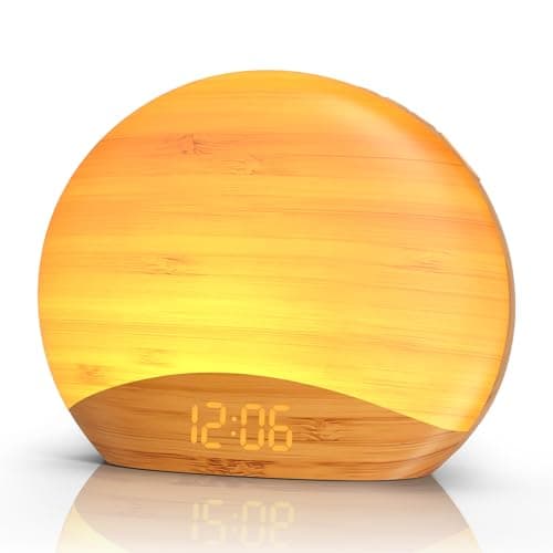 REACHER Natural Wood Grain Sound Machine Sunrise Alarm Clock，26 Nature Inspired Sleeping Sounds, 0-100% Dimmable Clock, Night Light,Brown/Pink/White Noise Sound Machine for Babys, Kids, Adults - Image 1