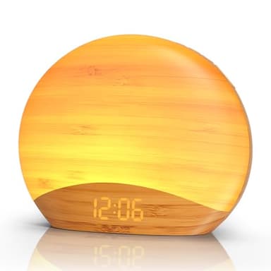 REACHER Natural Wood Grain Sound Machine Sunrise Alarm Clock，26 Nature Inspired Sleeping Sounds, 0-100% Dimmable Clock, Night Light,Brown/Pink/White Noise Sound Machine for Babys, Kids, Adults - Image 1