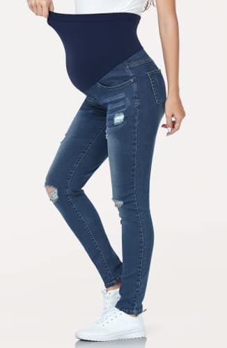 PACBREEZE Women's Maternity Jeans Over Belly Skinny Stretchy Denim Pants Comfy Slim Pregnancy Pants (Ripped Indigo Blue, XX-Large) - Image 4