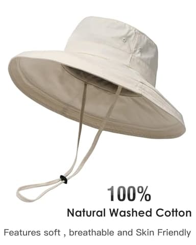 Sun Hats for Women Gardening Hat Wide Brim Ponytail Beach Sun Protection Breathable Cotton Summer Hat with Fold-Up Brim Beige - Image 2