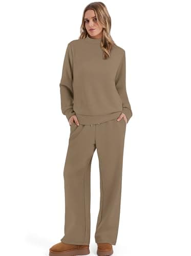 Sampeel Lounge Sets for Women Two Piece Outfits Casual 2 Piece Sweatsuits Tracksuit Set Womens Fall Fashion 2025 Sweatpants Winter Clothing Mock Neck Sweat Set Loungewear Matching Sets Light Taupe XL - Image 4
