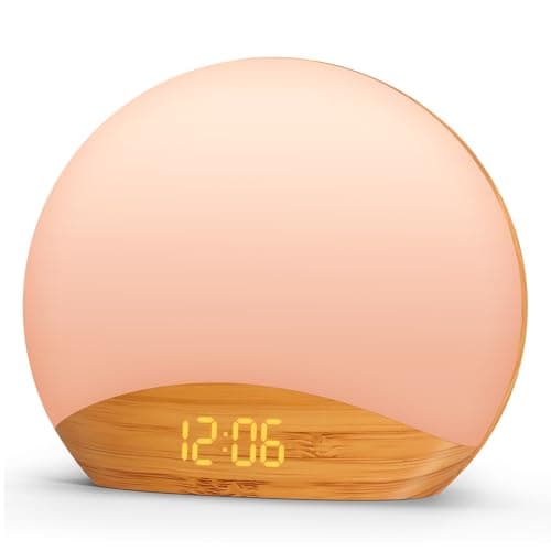 REACHER Wood Grain Sunrise Alarm Clock and Sound Machine Nightlight, Digital Dimmable Clock for Bedroom, 26 Sleep Sounds, White Noise Machine for Baby, Adults, Wake Up Light Alarm Clock for Kids - Image 1
