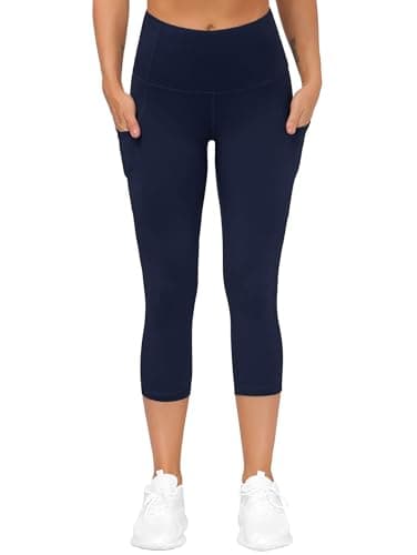 THE GYM PEOPLE Thick High Waist Capris Yoga Pants with Pockets, Tummy Control Workout Running Yoga Leggings for Women Navy Blue - Image 6