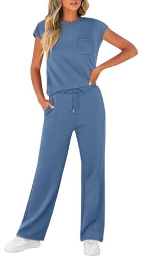 WIHOLL 2 Piece Sets for Women Summer 2025 Lounge Sets Country Concert Outfits Business Casual Matching Sets Women Clothing Wide Leg Pants Pajama Sets Conjuntos De 2 Piezas Para Mujer Blue XL - Image 3