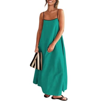 Shy Velvet Women's 2025 Summer Linen Maxi Dress Contrast Spaghetti Strap Dress Backless Sleeveless Casual Party Beach Dresses Turquoise - Image 3