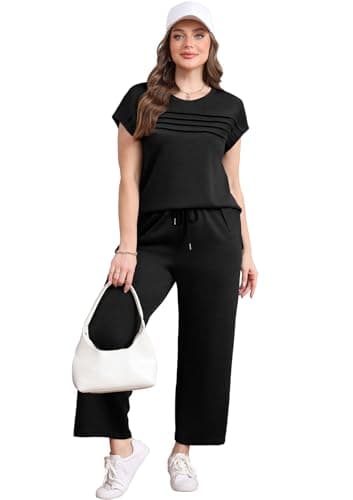 WIHOLL Workout Sets for Women 2 Piece Travel Outfits Summer Lounge Matching Sets Women's Clothing Fashion Travel Vacation Cruise Outfits Crew Neck Cap Sleeve Wide Leg Crop Pants Set 2025 Black M - Image 3