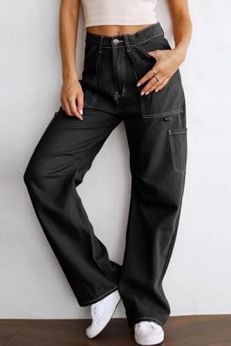 Dokotoo Black Cargo Pants Women Wide Leg Dress Pants High Waisted Trousers Slacks Baggy Womens Trousers Casual Loose Trendy Work Palazzo Pockets - Image 3