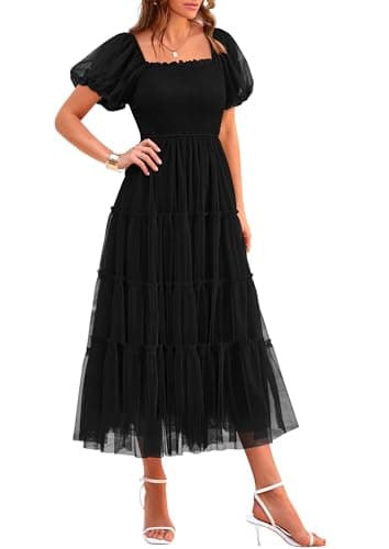 PRETTYGARDEN Women's Smocked Midi Tulle Dress 2025 Summer Puffy Short Sleeve Square Neck Ruffle Wedding Guest Party Dresses (Black,Medium) - Image 1