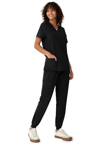 floralhue Scrubs for Women, V-Neck Scrubs Top & Cargo Pants, Scrubs Set with 10 Pockets, Yoga Waistband, 4 Way Stretch, Black, M - Image 3