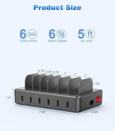 CREATIVE DESIGN 50W Charging Station for Multiple Devices,6 Port Multiple USB Charger Station with 6 Cables Compatible with iPhone,iPad Kindle Tablet and Other Electronic（Space Gray - Image 8