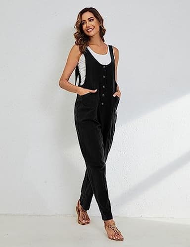Yeokou Womens Overalls Linen Cotton Jumpsuits Loose Casual Jumpers with Pockets(Black-M) - Image 6