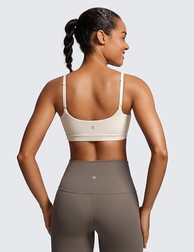 CRZ YOGA Womens Butterluxe Adjustable Spaghetti Strap Sports Bra - Scoop Neck Wireless Padded Yoga Workout Crop Top Mojave Tan Medium - Image 2