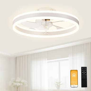VOLISUN Low Profile Ceiling Fans with Lights and Remote, 19.7in Flush Mount Ceiling Fans with Light, 3000K-6500K Dimmable Fandelier LED Fan Light, White Bladeless Ceiling Fans with Lights for Bedroom - Image 1