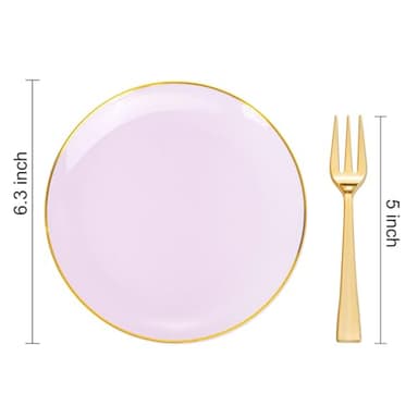Festiva 200Pcs Purple Gold Dessert Plates 6.3" with Plastic Forks 5"- Disposable Lavender Purple Cake/Appetizer/Salad Plates - serve 100 guests for Party&Wedding&Easter - Image 3