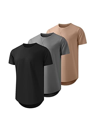JMIERR Men's 3 Pack Cotton Hipster Hip Hop Longline Crewneck T-Shirt, Short Sleeve Gym Workout Athletic T Shirts for Men Pack,XL, Black/Dark Grey/Khaki - Image 1