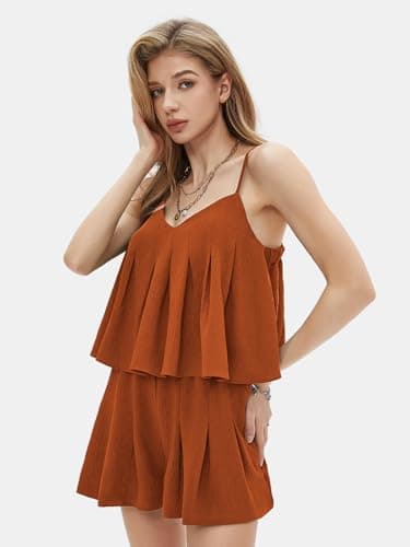 EXLURA Womens Summer Romper Dress 2025 V Neck Spaghetti Strap Pleated Shorts Jumpsuit Beach Vacation Outfits with Pockets - Image 3