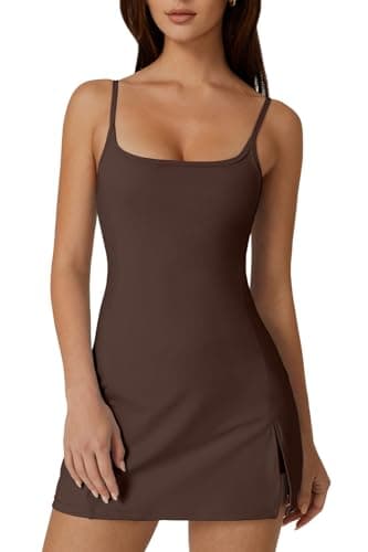 QINSEN Athletic Dress with Built in Shorts Workout Dress for Tennis Golf Mini Dresses for Women Brown S - Image 1