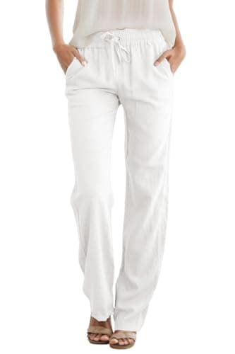 SEMARO Womens Casual Linen High Waist Pants Drawstring Loose Fit Summer Pants Trousers with Side Pockets White - Image 1