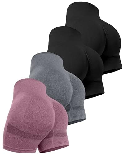 CHRLEISURE Women's 4 Packs Workout Gym Shorts, High Waisted Butt Lifting Scrunch Butt Seamless Booty Shorts(Black,Black,DGray,Wine,M) - Image 1